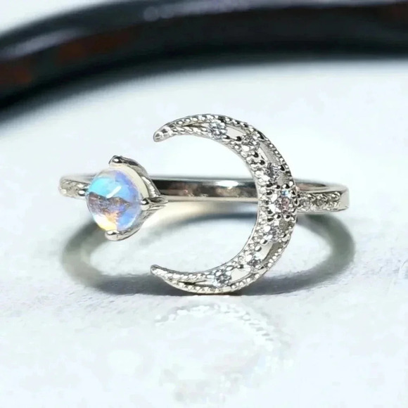 🆕️S925 Silver Crescent Moon Simulated Moonstone Adjustable Ring And Rhinestones - Picture 9 of 13